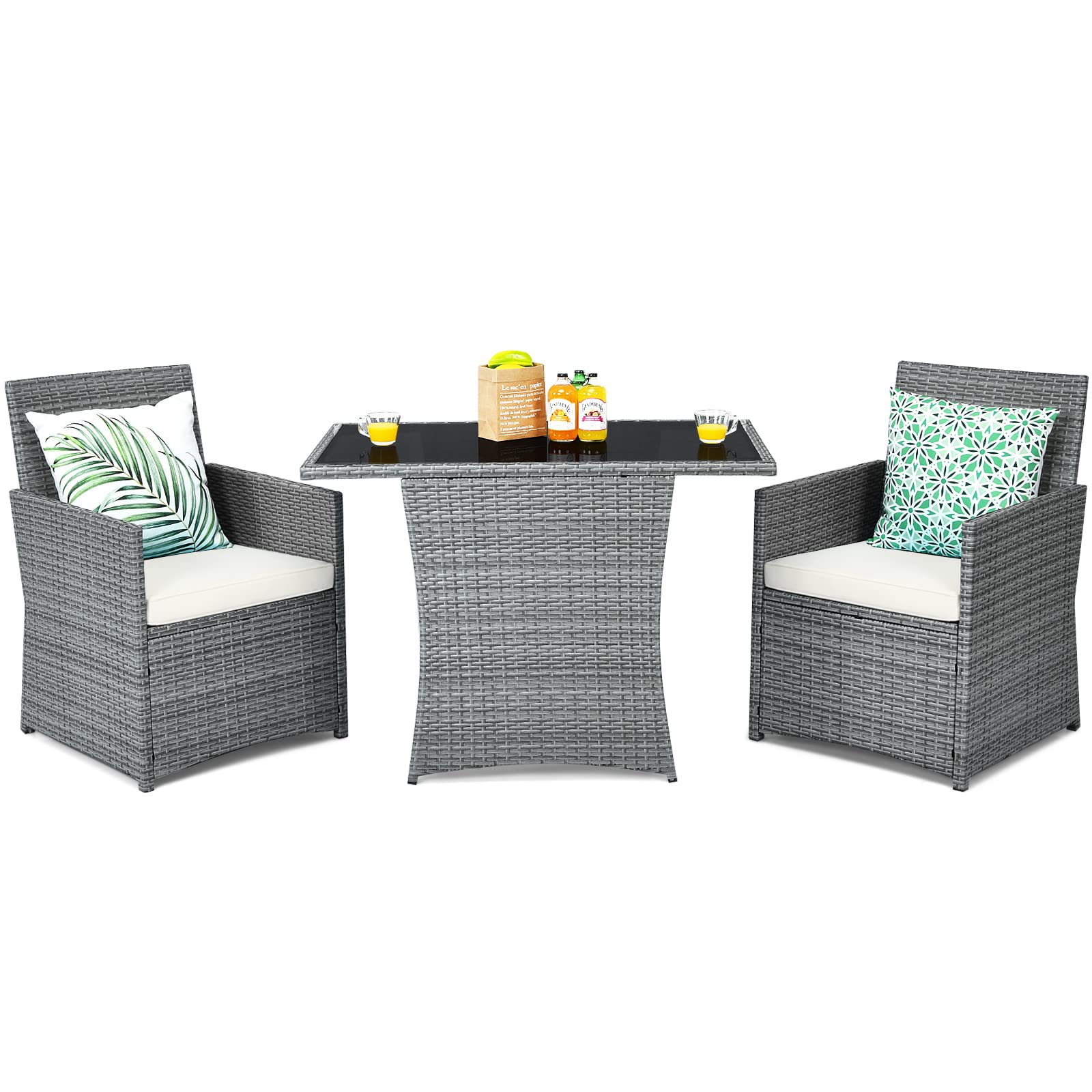 3 Pieces Patio Dining Set, Patiojoy Space-Saving PE Rattan Bistro Set with Tempered Glass Top Table and Cushioned Chairs